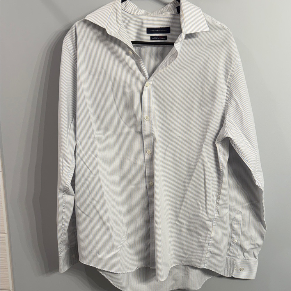 Tommy Hilfiger Men’s White Shirt with Light Blue Pinstripes
